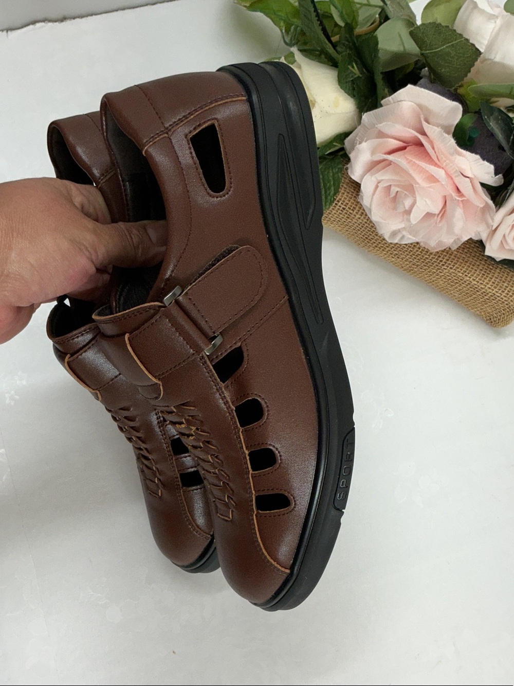 Men's Brown Leather Fisherman Sandals - Classic Casual - Picture 3 of 6